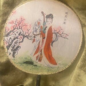 Vintage silk Hand painted fan with Beautiful Cherry Blossoms And Lady